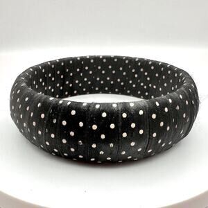 Vintage 90s Black White Polka Dot Ribbon Wrapped Bangle Bracelet Retro Jewelry